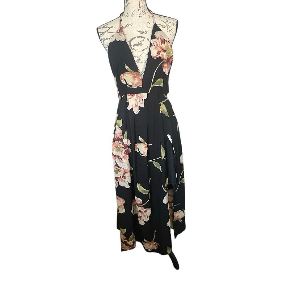 Black floral plunging neckline summer backless dress L